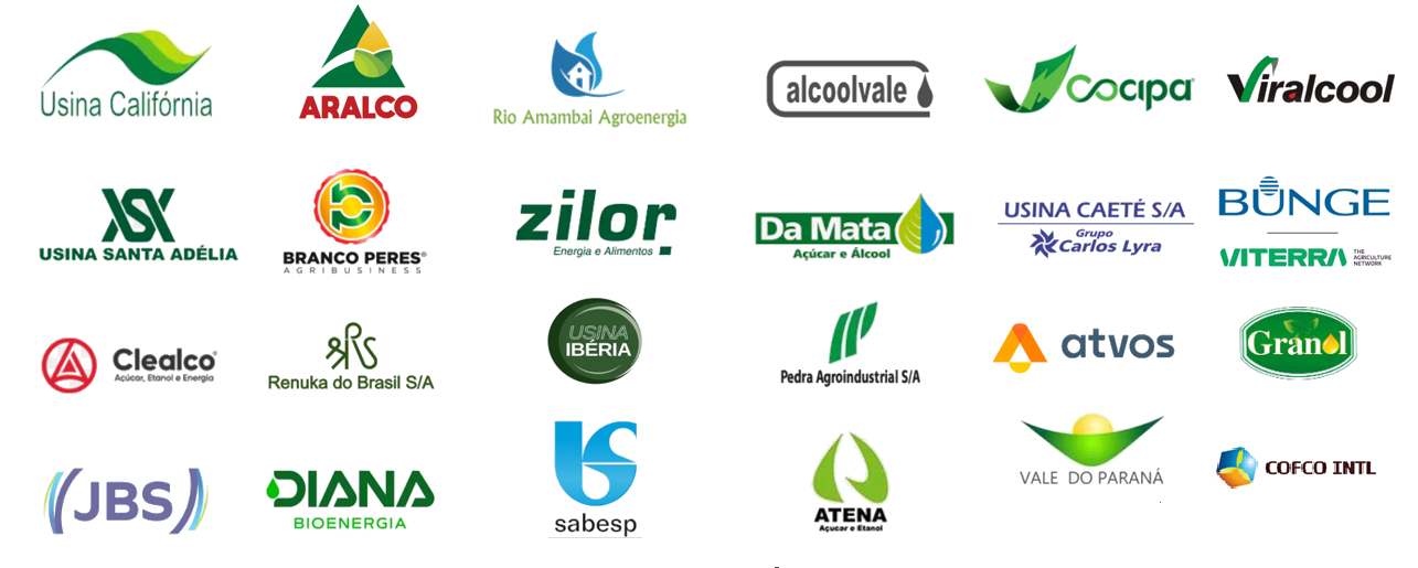 Logos dos clientes da Eletromotores Adamantina — Usina Califórnia, ARALCO, Rio Amambai Agroenergia, Alcoolvale, COCIPA, Usina Santa Adélia, Branco Peres, Zilor, Da Mata, Usina Caeté/Grupo Carlos Lyra, Clealco, Renuka, Usina Ibéria, Pedra Agroindustrial, Granol, JBS, DIANA Bioenergia, Sabesp, ATENA, Vale do Paraná