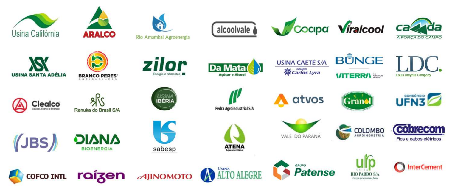 Logos dos clientes da Eletromotores Adamantina — Usina Califórnia, ARALCO, Rio Amambai Agroenergia, Alcoolvale, COCIPA, Usina Santa Adélia, Branco Peres, Zilor, Da Mata, Usina Caeté/Grupo Carlos Lyra, Clealco, Renuka, Usina Ibéria, Pedra Agroindustrial, Granol, JBS, DIANA Bioenergia, Sabesp, ATENA, Vale do Paraná